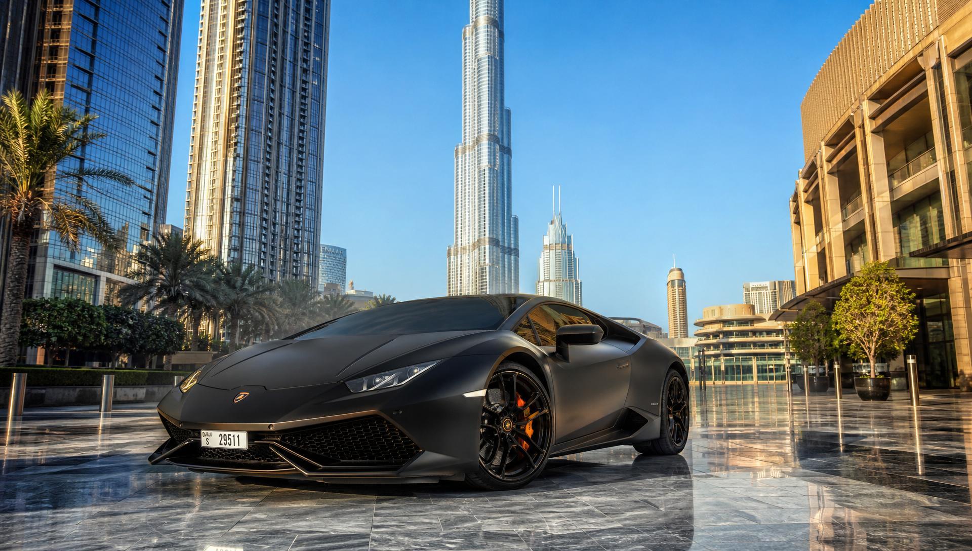 Matte black Lamborghini before the Dubai skyline at night